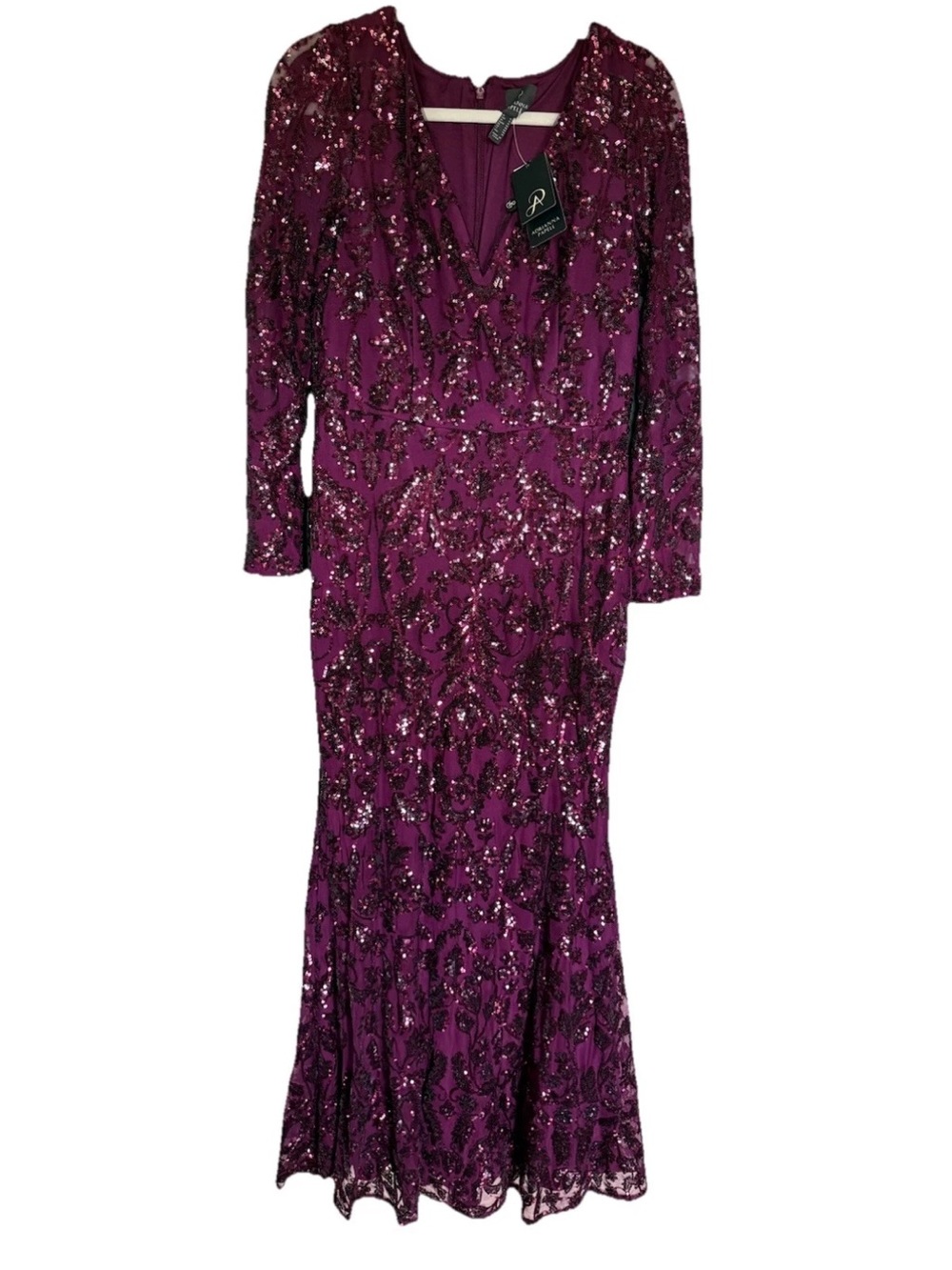 Adrianna Papell Plum Sequin Long Sleeve V-Neck Gown